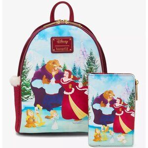 Loungefly Disney Beauty and the Beast Winter Ice Skating Backpack & Wallet NWT